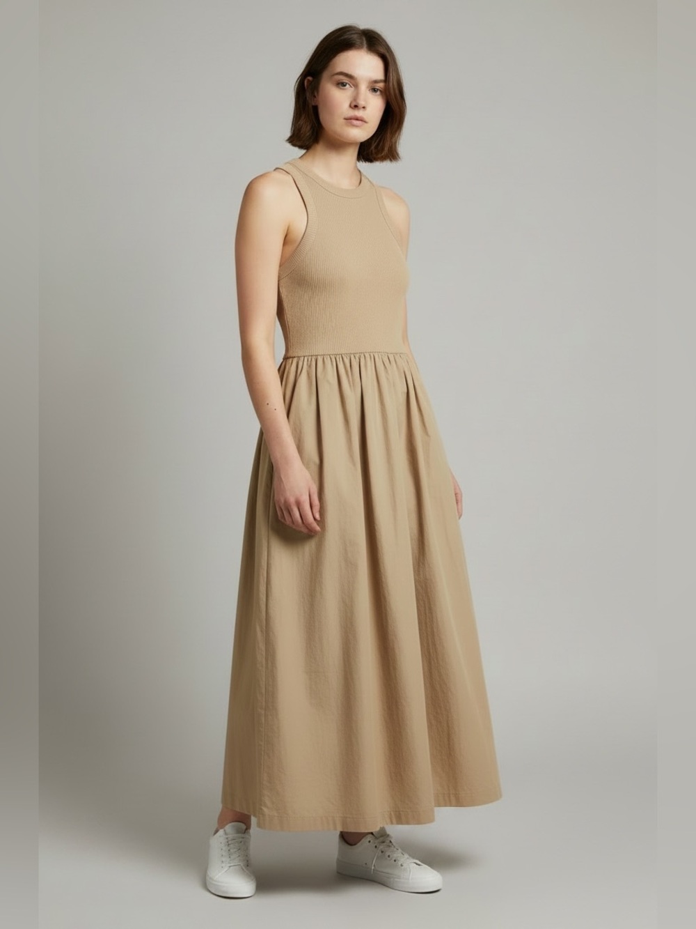 Old Navy Khaki Tan Razorback Mix Media MIDI Dress Medium